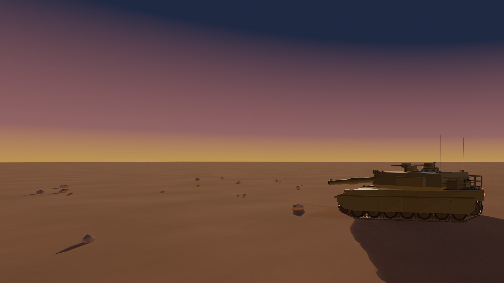 A tank on a rocky desert plain beneath a purple and gold dusk sky.